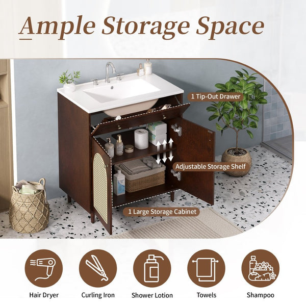 English Elm 30" Rattan Front Bathroom Vanity Solid Pine Cabinet with Ceramic Sink and Adjustable Shelf Walnut N710P293988P