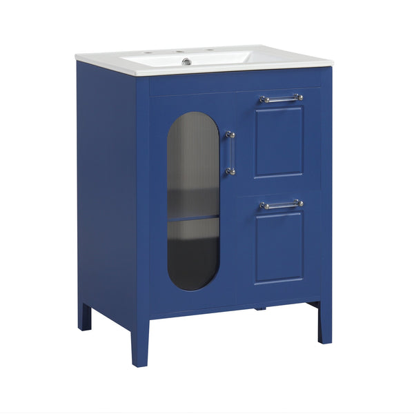 English Elm 24" Modern Bathroom Vanity with Ceramic Sink, Solid Wood & MDF Cabinet, Two Drawers, Shelf Blue N725P245273C