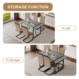 English Elm Table Set - Modern Minimalist Grey Marble Mdf Dining Table With 4 Brown Chairs And Black Legs W1151S02681-GIGA