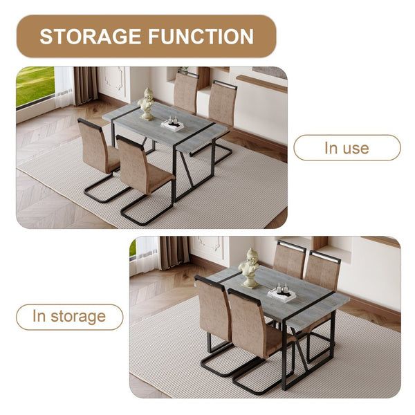 English Elm Table Set - Modern Minimalist Grey Marble Mdf Dining Table With 4 Brown Chairs And Black Legs W1151S02681-GIGA