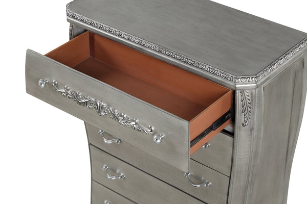 English Elm Destiny 5-Drawer Chest Silver Finish — Elegant Solid & Manufactured Wood Storage with Metal Pulls, Spacious Organization B009P234702