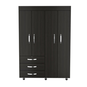 English Elm Hamilton Mobile Armoire with 4 Doors, 3 Drawers, Dual Hanging Rods and Multiple Shelves for Organized Storage and Durable Engineered Wood Finish Black 70.47 L x 23.23 W x 4.33 H B097S00229