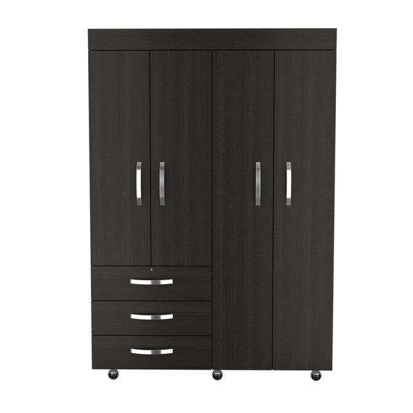 English Elm Hamilton Mobile Armoire with 4 Doors, 3 Drawers, Dual Hanging Rods and Multiple Shelves for Organized Storage and Durable Engineered Wood Finish Black 70.47 L x 23.23 W x 4.33 H B097S00229
