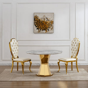 English Elm 47" Round Marble Dining Table - Luxurious Faux Marble Top & Gold Stainless Steel Base For Modern Homes W3456S00006