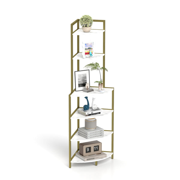 English Elm 6-Tier Corner Bookcase Gold+White Modern Open Shelves Rustic Brown Display Rack Space-Saving Stand W2167P207457