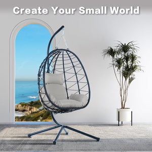 English Elm Egg Rattan Hanging Chair with Stand – All-Weather PE Wicker Swing Seat, Cozy Cushion, 350lb Capacity Light Gray W874106467