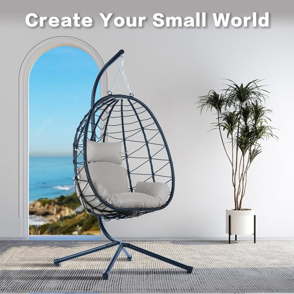 English Elm Egg Rattan Hanging Chair with Stand – All-Weather PE Wicker Swing Seat, Cozy Cushion, 350lb Capacity Light Gray W874106467