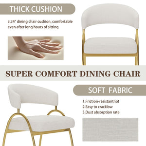 English Elm Dining Chair Set with Curved Back Gold Metal Frame Upholstered Fabric Seat Pair Beige W1567P343436
