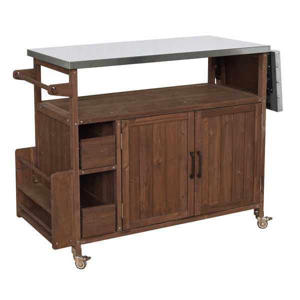 English Elm 54.33" Farmhouse Outdoor Kitchen Cart Solid Fir Frame Steel Top Storage Bbq Prep Brown N767P379702D