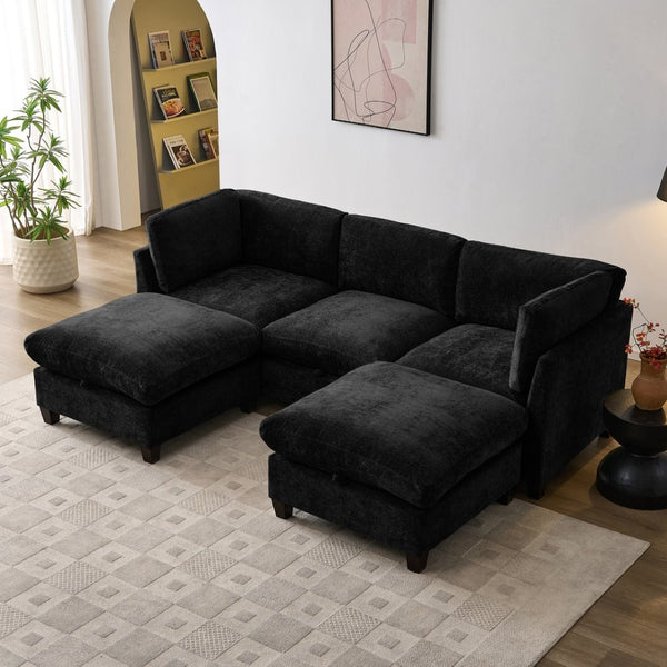 English Elm 96.5" L-shaped Chenille Sectional with Storage Ottoman Eucalyptus Frame Living Room Black W1097S00285