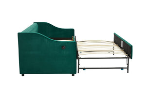 English Elm Twin Velvet Daybed with Pull Out Trundle Tufted Back Usb Port and Side Pockets Emerald W1361S00038