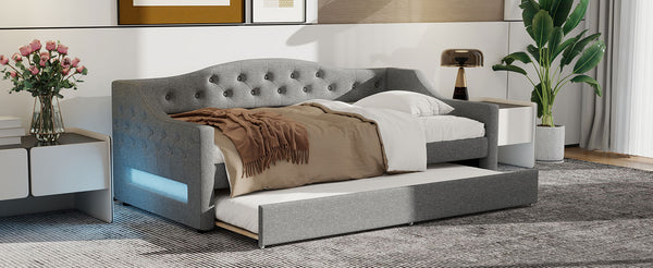 English Elm Upholstered Twin XL Daybed with Built-In LED Belt and Trundle, Linen Backrest, Modern Guest Bed Gray DL002050AAE