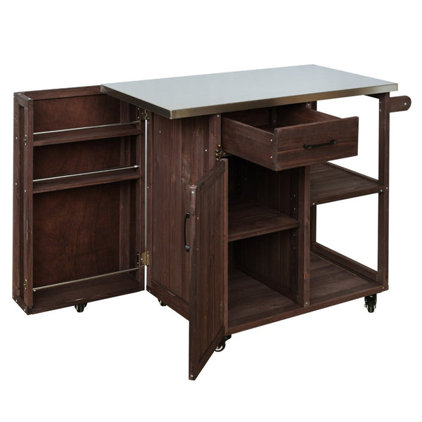 English Elm Foldable Outdoor Kitchen Cart with Stainless Worktop Fir Wood Frame and Lockable Wheels Dark Brown N719P380278S