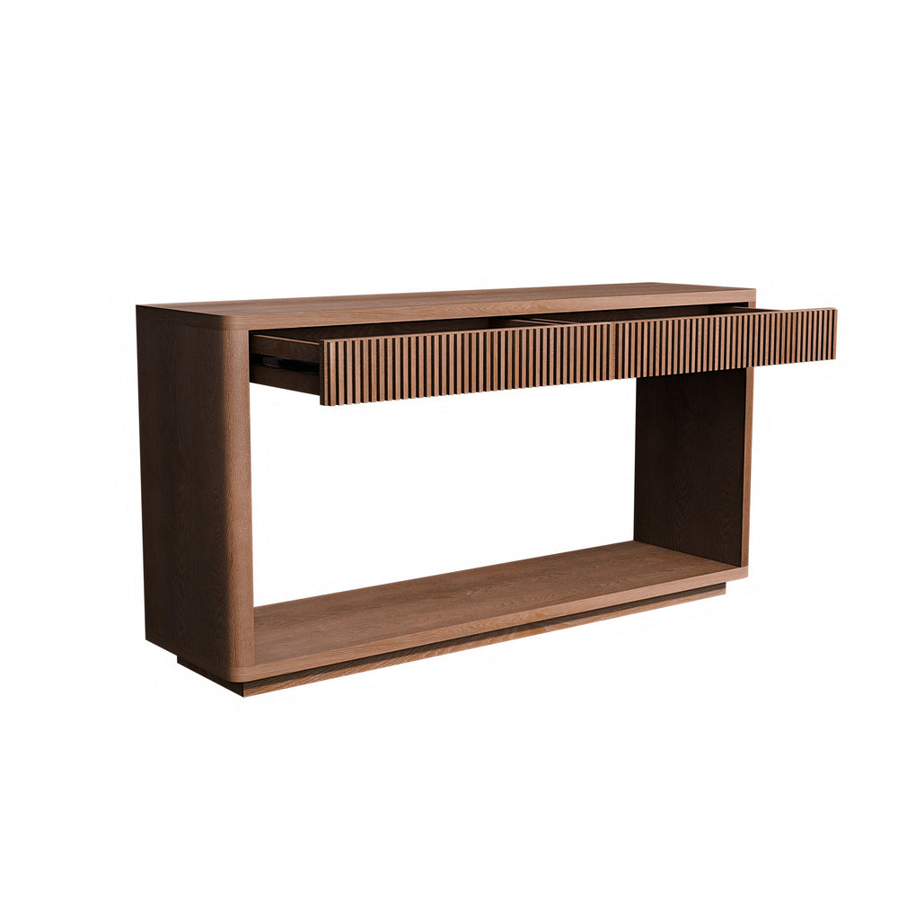 English Elm 60" Modern 2-Drawer Fluted Console Table with Real Wood Veneer, Slim Profile, Sturdy 80lb Capacity, Versatile Entryway Organizer Walnut W1435P337641