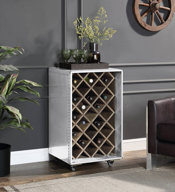 English Elm Raini Rolling Aluminum Wine Cabinet with Patchwork Panels for Modern Living Spaces B2726P457633