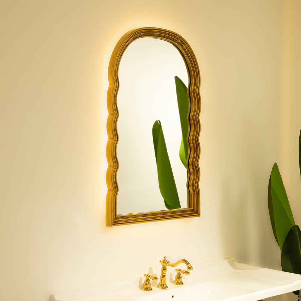 English Elm 24'' Lumina Mirror - Golden Scalloped Arched PU Frame with Adjustable 3-Color LED Light, Elegant W2615P346502