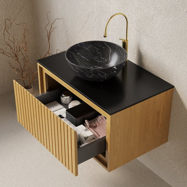 English Elm KOLAS 30" Bathroom Vanity with Sintered Countertop, Wall-Mount Plywood Cabinet, Soft-Close Drawer Black,Oak W2615S00259