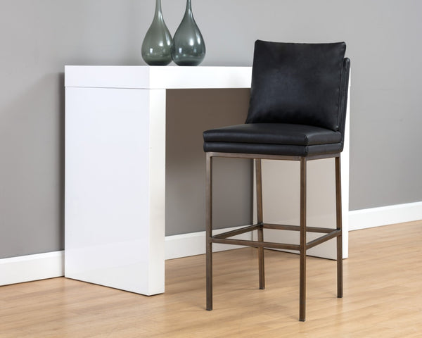 Sunpan PAIGE Barstool - Stylish Faux Leather Comfort with Antique Brass Legs for Modern Spaces and Dining Black 105942