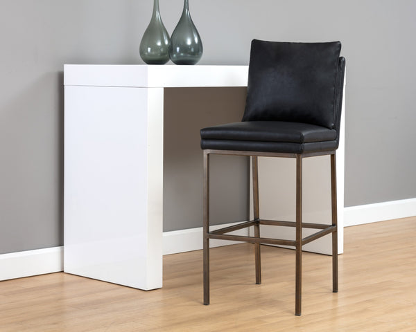 Sunpan Paige Stylish Barstool with Comfortable Faux Leather Seat and Antique Brass Legs for Elegant Spaces Bravo Black