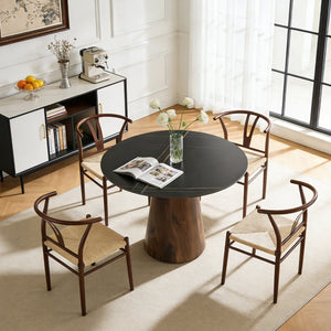 English Elm Table and Chair Set 42 Inch Round Stone Top with Rope Woven Wishbone Seats W2920S00144