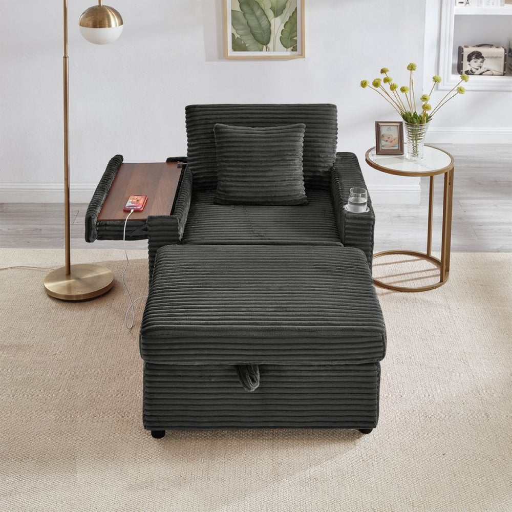 English Elm Comfortable Chenille Chaise Lounge Chair with Usb Port Hidden Storage Ottoman W3705P476389