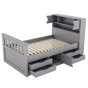 English Elm Twin Captain Platform Bed Frame with Built-In Bookcase, Four Drawers & Slat Support for Storage Gray GX001828AAE