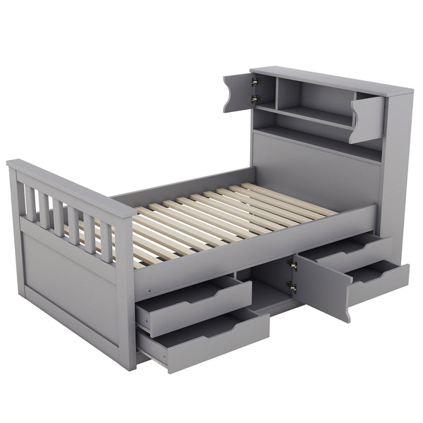 English Elm Twin Captain Platform Bed Frame with Built-In Bookcase, Four Drawers & Slat Support for Storage Gray GX001828AAE