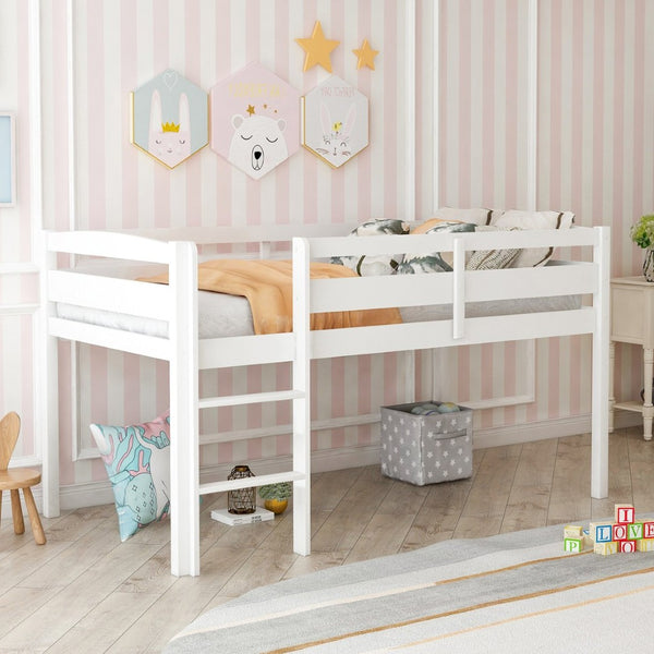 English Elm Twin Low Loft Bed Solid Pine Frame with Walnut Finish and Open Floor Space Below N708P340482K