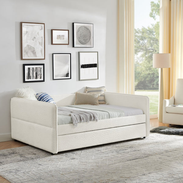 English Elm Daybed With Trundle – Elegant Tufted Full Size Sofa Bed In Beige Boucle, Perfect For Guests & Relaxing W1413S00093