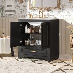 English Elm 30" Elegant Bathroom Vanity with Ceramic Sink, French-Inspired Compact Cabinet with Drawer & Shelf Black N710P317676B