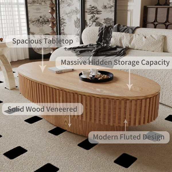 English Elm 47'' Oval Storage Coffee Table Fluted Wood Veneer Lift Lid Sculptural Living Room Accent Natural Wood W1435P293222