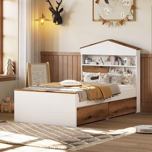 English Elm Twin Size House-Shaped Wooden Bed With Storage Shelf On The Headboard, Built-In Two Storage Drawers, Brown