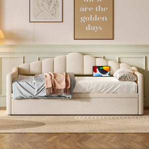 English Elm Upholstered Twin Daybed with Pop-Up Trundle, Built-In USB Type-C Charger, Side Pockets, Velvet Frame Beige 77.25 L x 17.25 W x 5.31 H N733S285118A