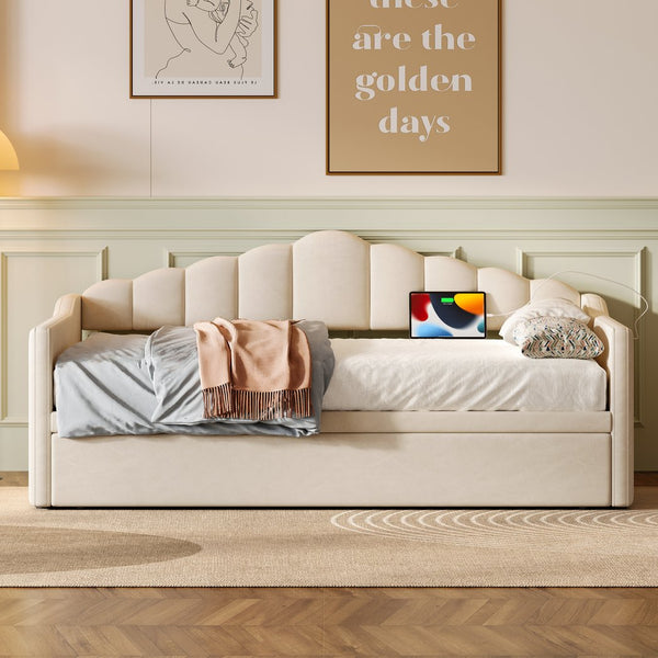 English Elm Upholstered Twin Daybed with Pop-Up Trundle, Built-In USB Type-C Charger, Side Pockets, Velvet Frame Beige 77.25 L x 17.25 W x 5.31 H N733S285118A