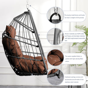 English Elm Outdoor Egg-shaped Hanging Chair with Stand - Cozy Cushioned Swing, Sturdy 350 lb Frame, Indoor/Patio Use Brown+Gray W2500P309626