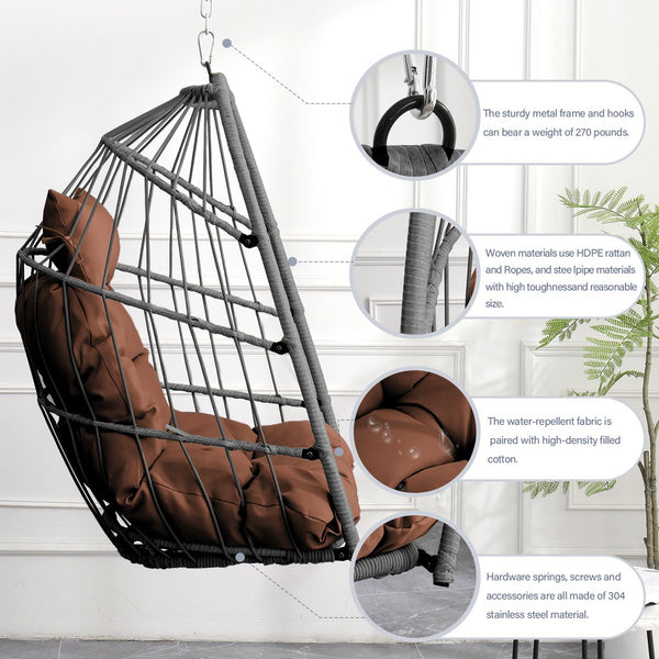 English Elm Outdoor Egg-shaped Hanging Chair with Stand - Cozy Cushioned Swing, Sturdy 350 lb Frame, Indoor/Patio Use Brown+Gray W2500P309626