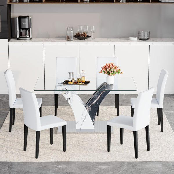 English Elm Table And Chair Set – Modern Glass Top Dining Table With 6 White Pu Chairs For Stylish Comfort W1151S03811-GIGA