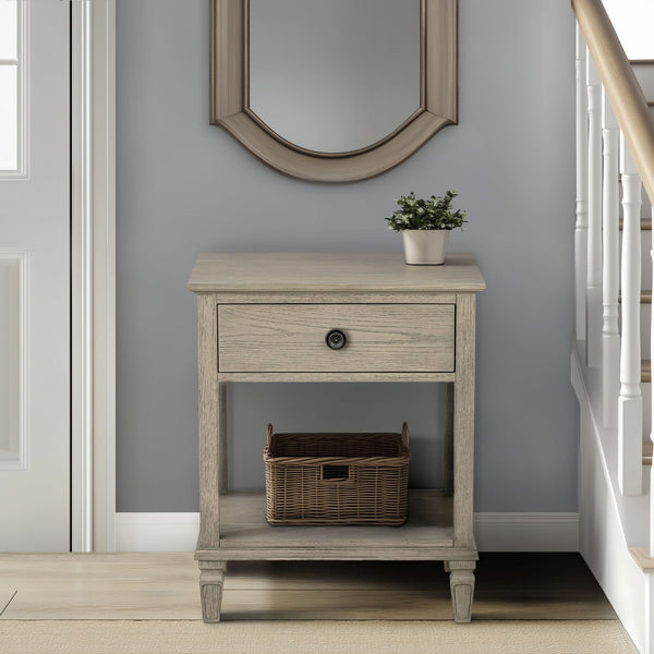 JLA Home Madison Park Signature - one-drawer Victoria nightstand with tapered legs, smooth-glide drawer and open shelf—timeless wood appeal Reclaimed Grey MPS136-0321