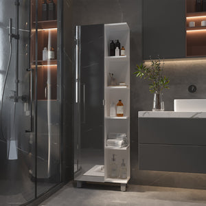 English Elm Los Angeles Linen tall white bathroom cabinet with mirrored door, 5 shelves, adjustable interior storage B128P148739