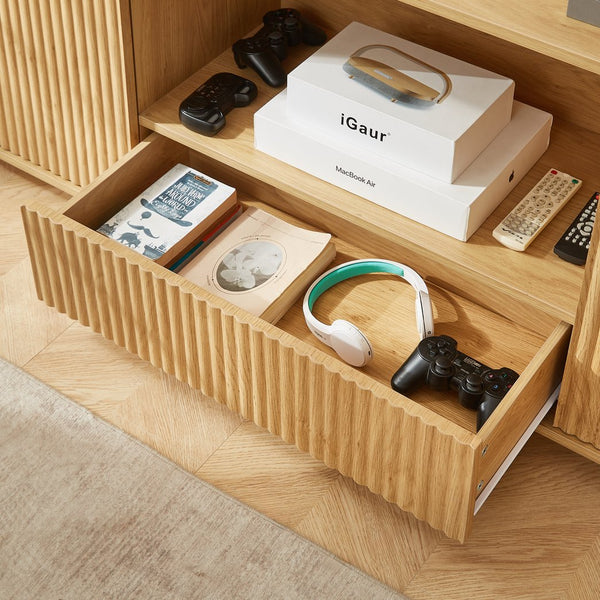 English Elm 64-Inch Wavy Tv Stand - Modern Rounded Sideboard With Push-To-Open Doors For Stylish Storage Solutions W1162P309021