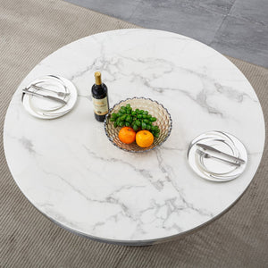 English Elm 47" Round Marble Dining Table - Modern High Gloss Faux Marble Top & Stainless Steel Base, Easy Care W3456S00001