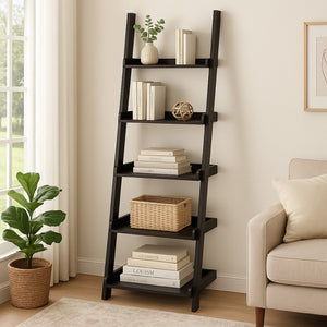 English Elm Accent Leaning Ladder Bookcase Five Tier Warm Cocoa Finish for Living Room Office B056P416988