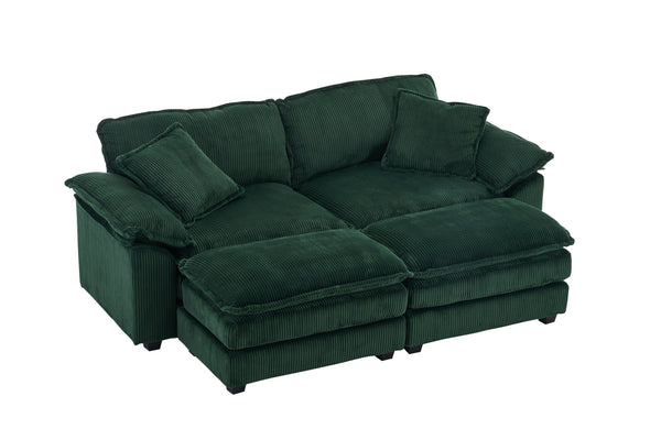 English Elm Corduroy Plush 2-Seat Sofa with 2 Back Cushions, Toss Pillows & Ottomans — Deep Seat Comfort Green W2363S00065