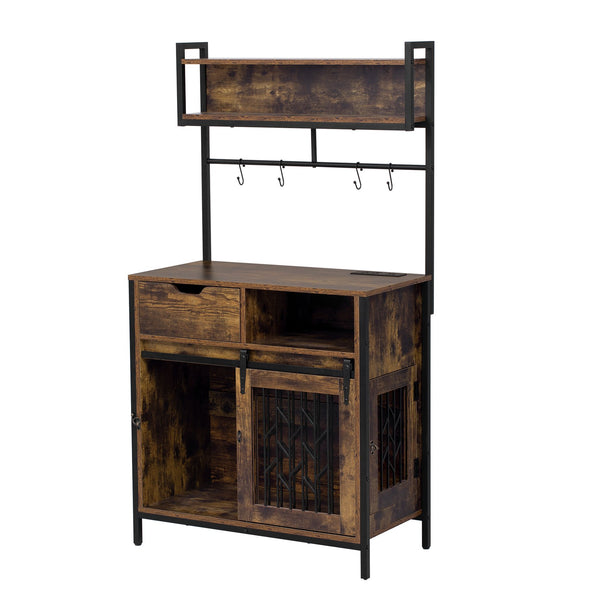 English Elm 2 IN 1 Rustic Dog Crate Side Cabinet Organizer with USB Outlets, Hooks & Sliding Kennel for Dogs N843P256449O