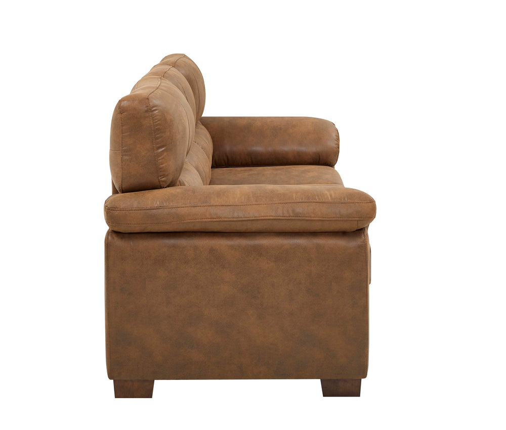 English Elm Vintage Three‑Seat Sofa with Tufted PU Leather, Rolled Arms & Sturdy Wooden Legs for Cozy Living Rooms Light Brown B343S00005