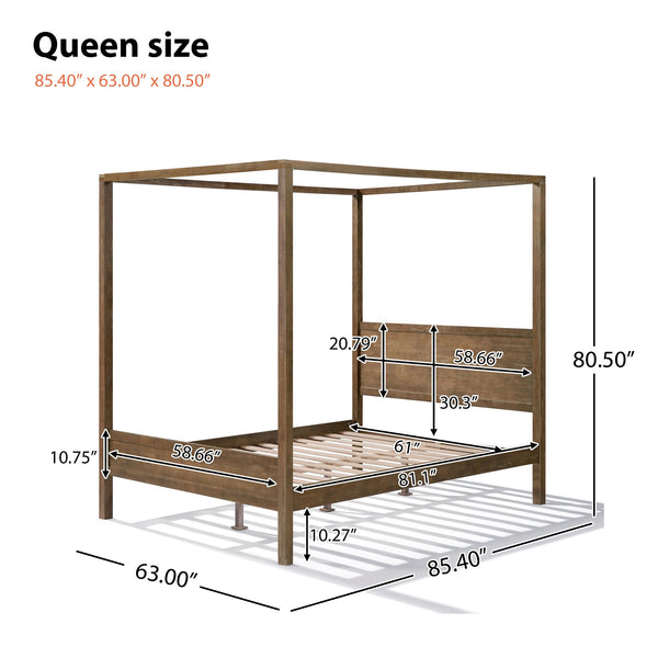 English Elm Christopher Knight Home® - Queen Solid Antique Oak Canopy Bed Frame with High-Density Slats, 800lb Support & 10" Storage Clearance N758Q877980N