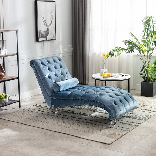 English Elm Velvet Curved Chaise Lounge Sofa with Button-Tufted Back, Thick Foam Cushion & Acrylic Legs for Living Room Comfort Light Blue W39538684