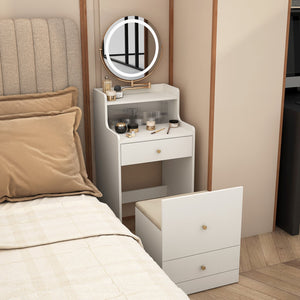 English Elm 3 3 in 1 Vanity Desk with Lighted Mirror, Charging Station, Upholstered Stool, 2 Drawers & Hidden Storage W1321P243134