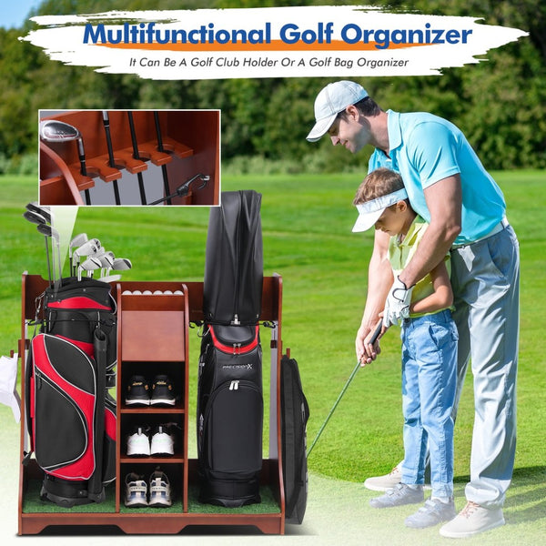 English Elm Wood Golf Storage Rack with Turf Accents Four Shelves and Bag Bay for Garage B205P298024