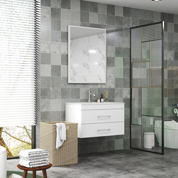 English Elm 32-Inch Wall-Mounted Bathroom Vanity - Modern Glossy White Design With Soft-Close Drawers & Sink W3151S00004